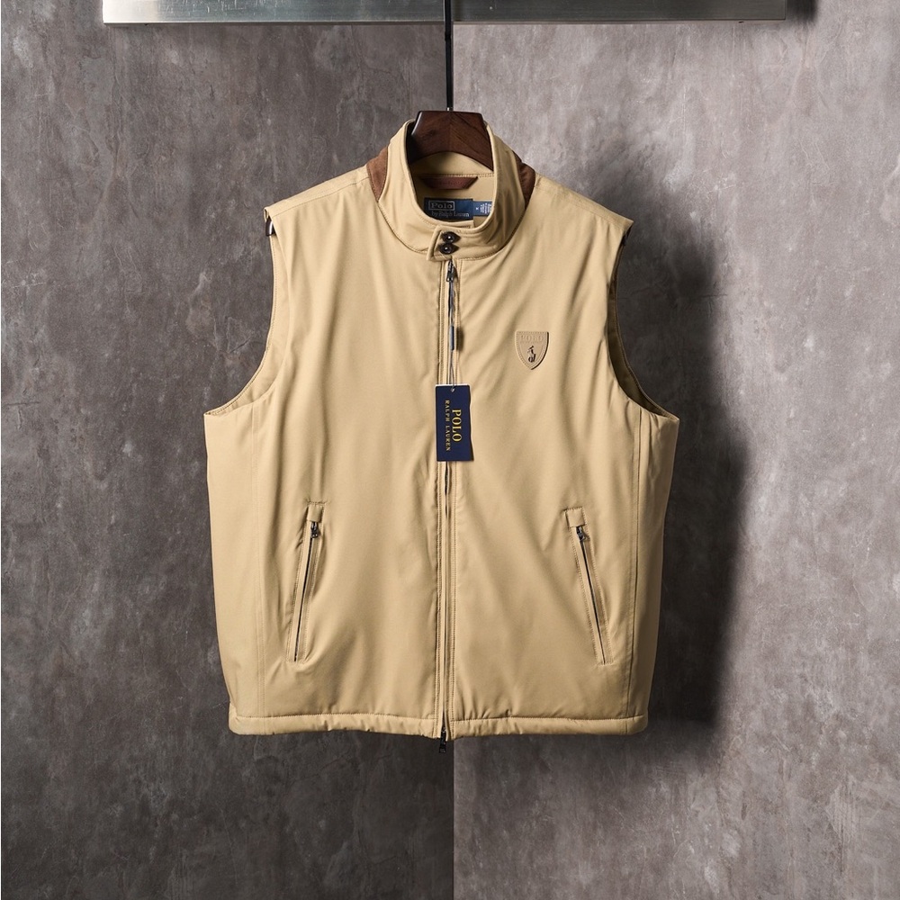 Ralph Lauren Tan Sleeveless Zip Vest with Brown Trim